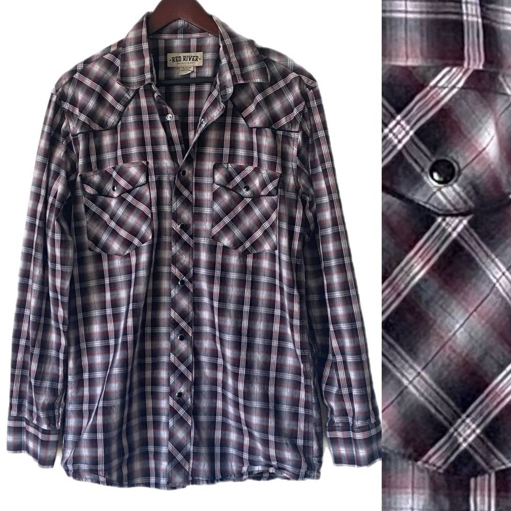 RED RIVER OUTFITTERS Western Shirt Black Pearl Snap Buttons Plaid Sz M